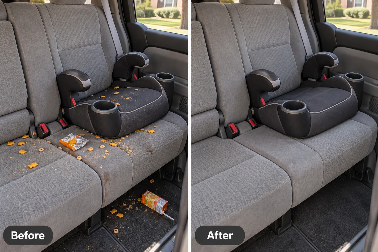 Before and after: a back seat and booster seat covered in snack crumbs, then the same seat clean