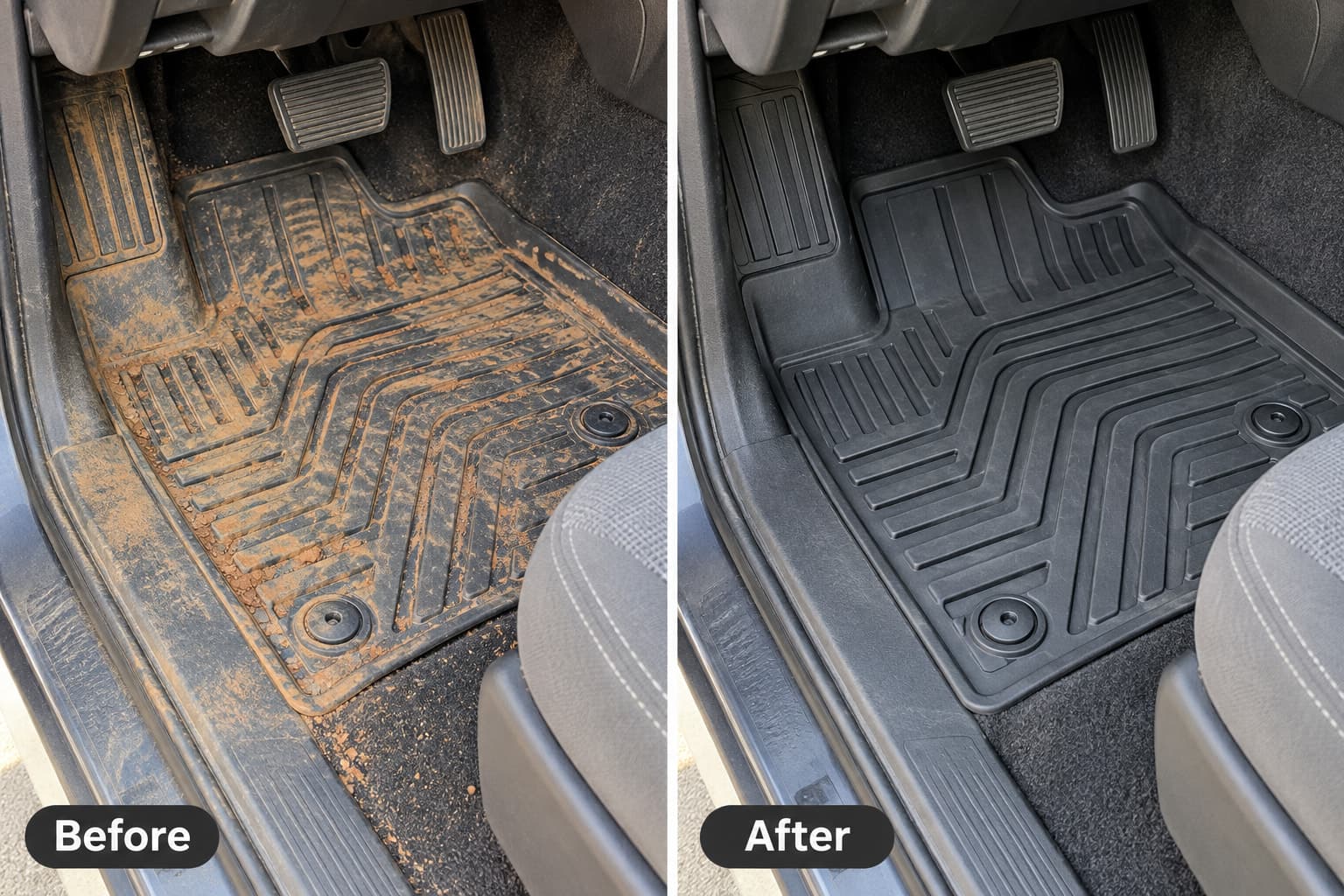 Before and after: a truck floor mat caked in mud, then the same mat clean